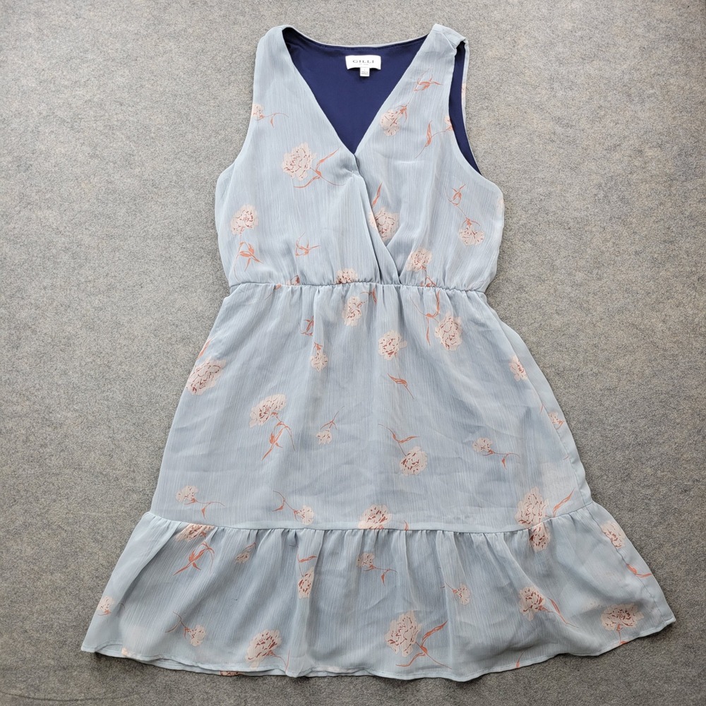 Gilli Womens Floral Surplice V-Neck Ruffle Hem Dress Blue Peach Large GL7422